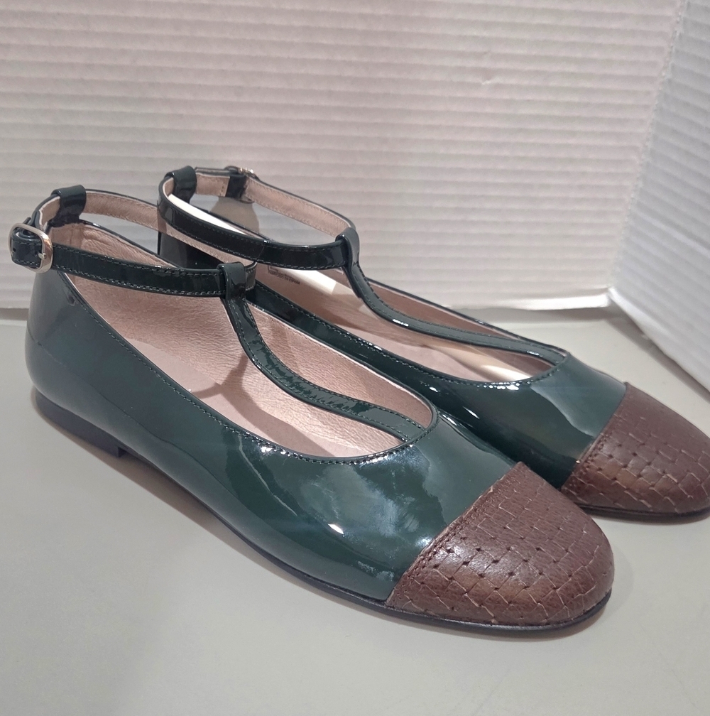 VTG Elegant Green and Brown T-Strap Flats Size 8(38) NWOT Hoo.